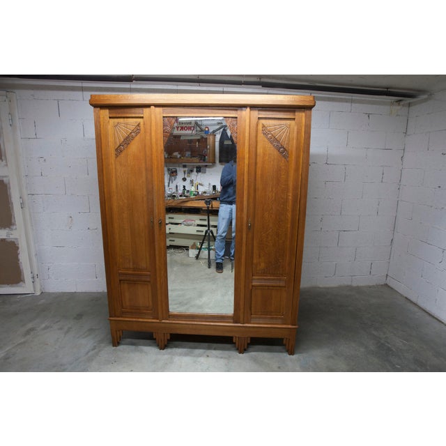 Art Deco Wardrobe in Carved Oak, 1930s For Sale - Image 3 of 18