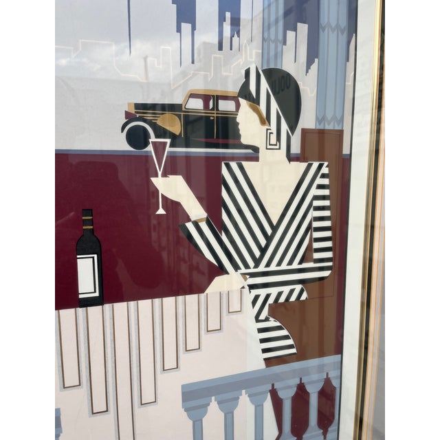 Large 1980s Art Deco Revival Framed Silkscreen "Rendezvous" Signed by the Artist. For Sale - Image 11 of 18