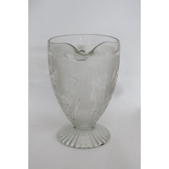 Jeannette Iris and Herringbone Footed Pitcher Clear Glass Embossed Design 4863b For Sale - Image 4 of 15