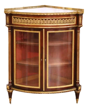 19th Century Parisian Louis XVI Mahogany & Ormolu Corner Vitrine With Marble Top