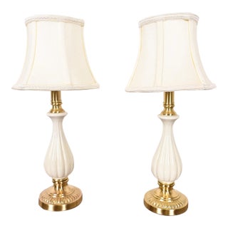 Lenox Lighting by Quoizel Hollywood Regency Porcelain and Brass Table Lamps, Pair For Sale