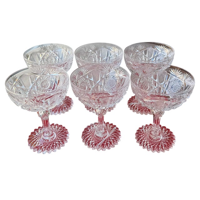 American Set of 6 Antique American Brilliant Cut Glass Crystal Champagne Coup Wine Stems For Sale - Image 3 of 7