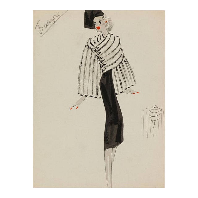 Vintage French Fashion Wall Art Print – White Coat & Black Dress, 30" X 40" For Sale