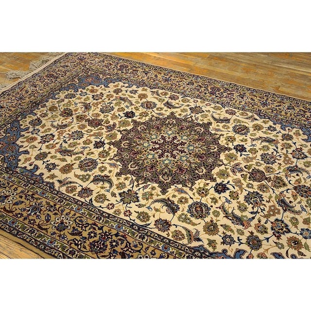 Textile 1950s Fine Traditional Beige Field Floral Vintage Isfahan Wool Silk Carpet Rug For Sale - Image 7 of 10