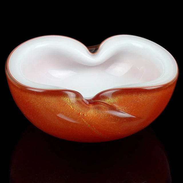 Mid-Century Modern Vintage Murano Barbini Orange White Gold Flecks Italian Art Glass Midcentury Bowl Ashtray Dish For Sale - Image 3 of 9