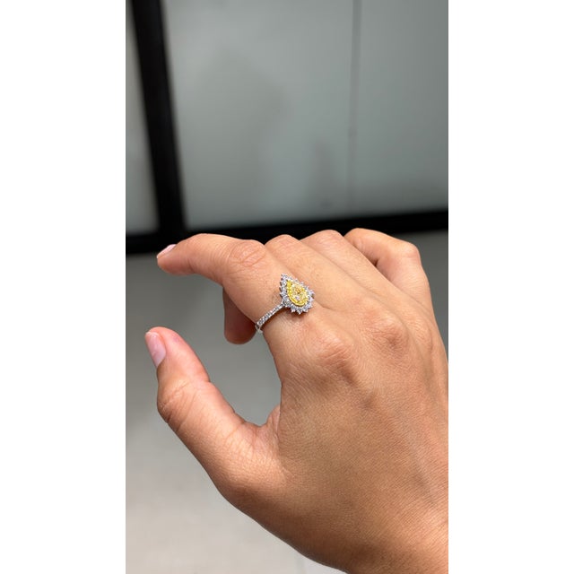 Transitional 1ct Yellow Diamond Double Halo 18k Gold Pear Engagement Ring Size 4 For Sale In New York - Image 6 of 18