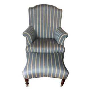 Vintage French Napoleon III Curved Back Armchair With Matching Ottoman Covered With Osborne & Little Mid Blue & Yellow Striped Silk Moiré. For Sale