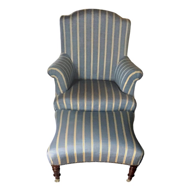 Vintage French Napoleon III Curved Back Armchair With Matching Ottoman Covered With Osborne & Little Mid Blue & Yellow Striped Silk Moiré. For Sale