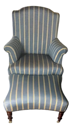 Vintage French Napoleon III Curved Back Armchair With Matching Ottoman Covered With Osborne & Little Mid Blue & Yellow Striped Silk Moiré.