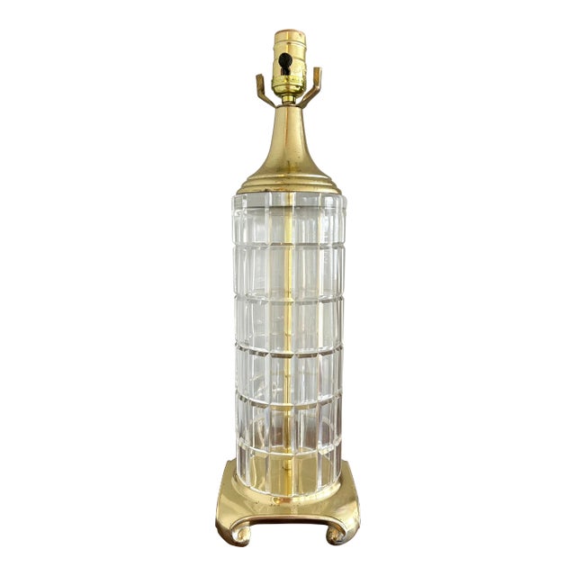 Vintage Dresden Hollywood Regency Crystal and Brass Column Table Lamp For Sale