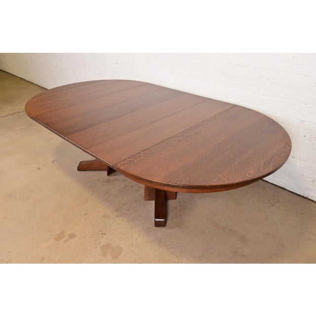 Limbert Antique Mission Oak Arts & Crafts Pedestal Extension Dining Table, Newly Refinished For Sale - Image 9 of 14