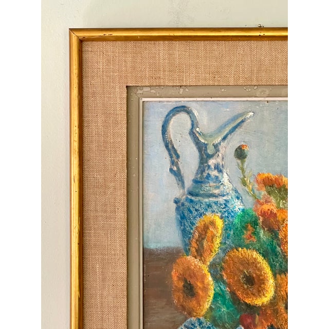 Mid-Century Modern French Mid-Century Floral Still Life in Orange and Blues Oil on Board, Initialed, Dated 1957 For Sale - Image 3 of 13