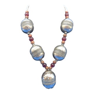 Antique Moroccan Silver XL Barrel Bead Necklace For Sale