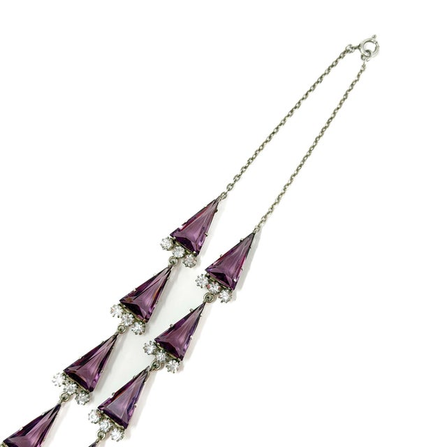 Art Deco Silver, Purple Triangular Glass and Paste Necklace and Earrings, 1920s, Set of 2 For Sale - Image 10 of 17
