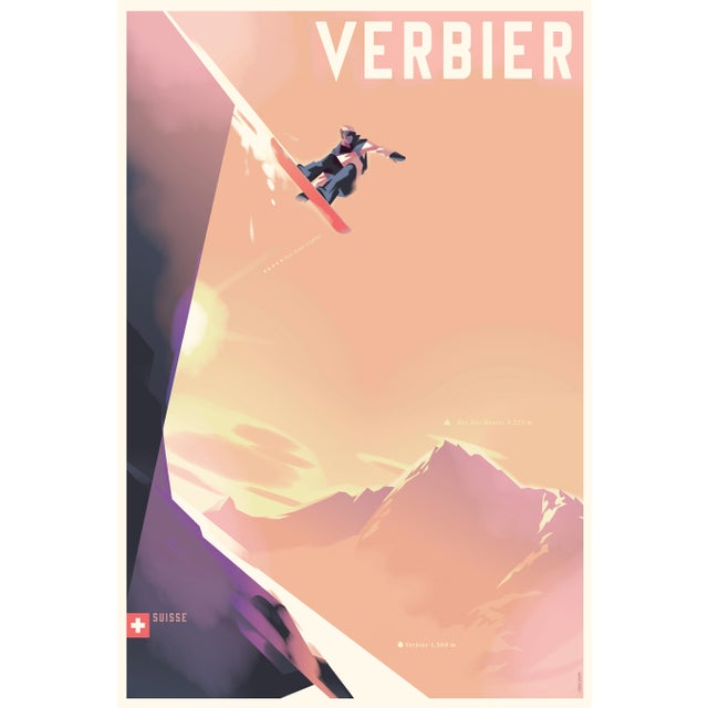 Contemporary 2020 Modern Danish Mads Berg Poster, Verbier Snowboard For Sale - Image 3 of 3
