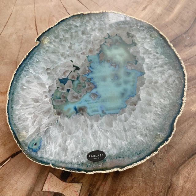 Art Deco Large Blue Agate Geode Slice 11” Natural Crystal Slab Gold Edge For Sale - Image 3 of 12