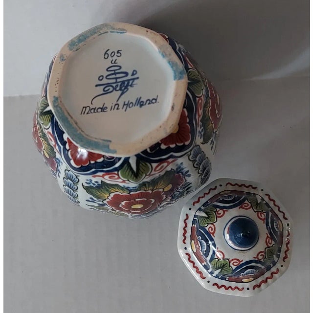 1950s Vintage Oud Delft Colorful Art Pottery Lidded Ginger Jar For Sale - Image 5 of 6