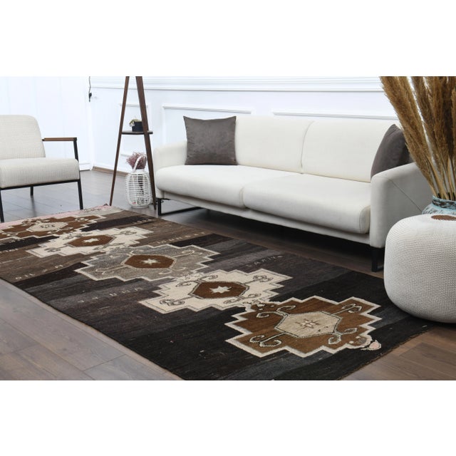 Brown 1970s Turkish Hand-Knotted Wool Cotton Brown Runner Rug For Sale - Image 8 of 12