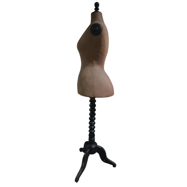 Lovely antique French mannequin with wooden stand, likely dating to the late 19th century. The linen on wood torso...