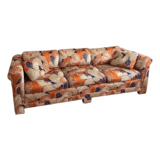 Late 20th Century Custom Three-Seat Sofa in Terracotta and Indigo Art Deco Revival Pattern For Sale