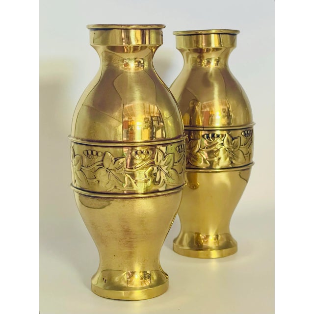 1920s Farberware Ivy Banded Brass Bud Vases- a Pair For Sale - Image 4 of 9