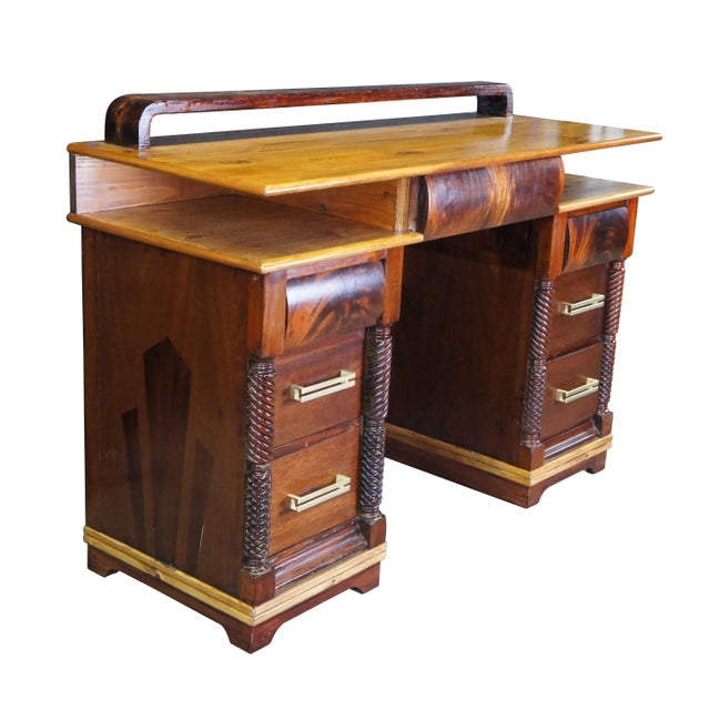 Art Deco Early 20th Century Antique American Empire Art Deco Flame Mahogany Pine Library Writing Desk 49" For Sale - Image 3 of 10