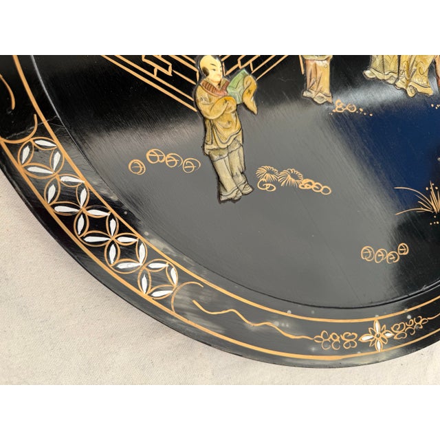 Vintage Asian Black Lacquer Folding Tray Table With Applied Carved Stone Figural Scene For Sale In Los Angeles - Image 6 of 12