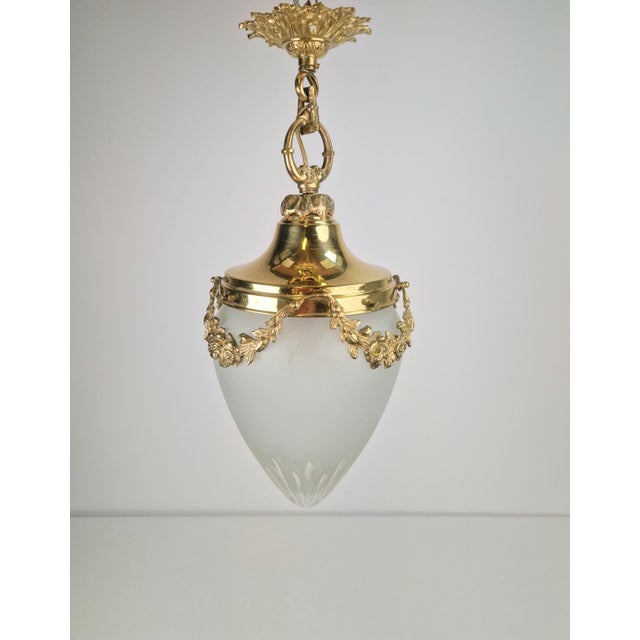 Vintage French Brass Ceiling Lamp with Sanded Glass Shade, 1950s For Sale - Image 9 of 13