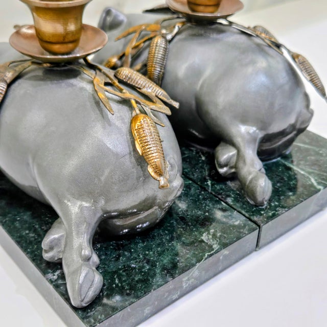 Green Vintage Petites Choses Pewter Sleeping Pig Candle Holders on Green Marble – Pair, Usa For Sale - Image 8 of 15