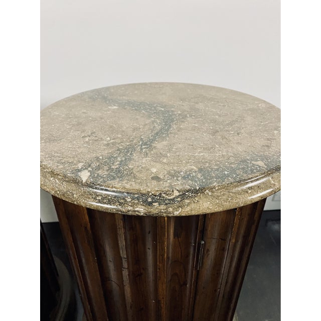 Neoclassical Vintage Neoclassical Style Marble Top Wooden Pedestal Side Tables—A Pair For Sale - Image 3 of 14