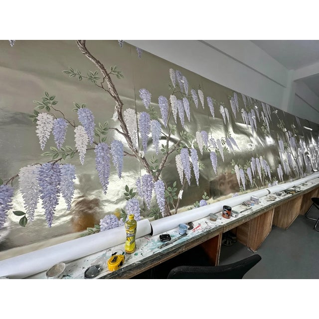 Single Hand Painted Silver Leaf Chinoiserie Wallpaper Panel, Wisteria Floral Mural, Custom Size Available For Sale - Image 4 of 6