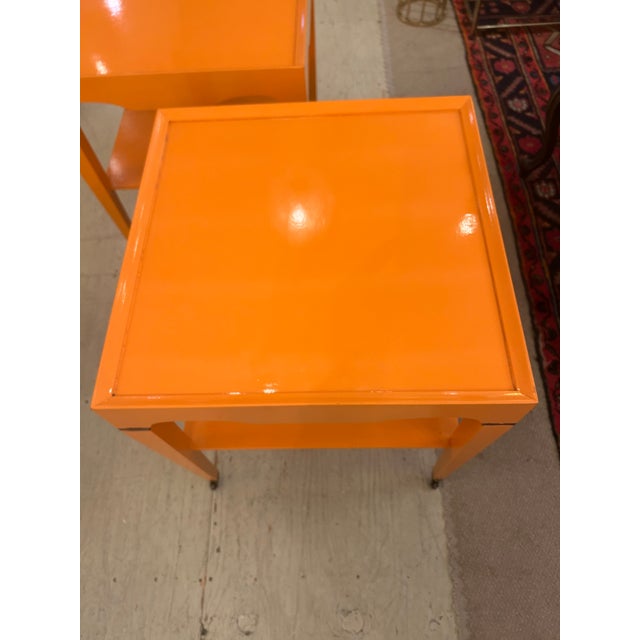 1970s Glossy Hermes Orange Square Two Tier End Tables -a Pair For Sale - Image 5 of 16