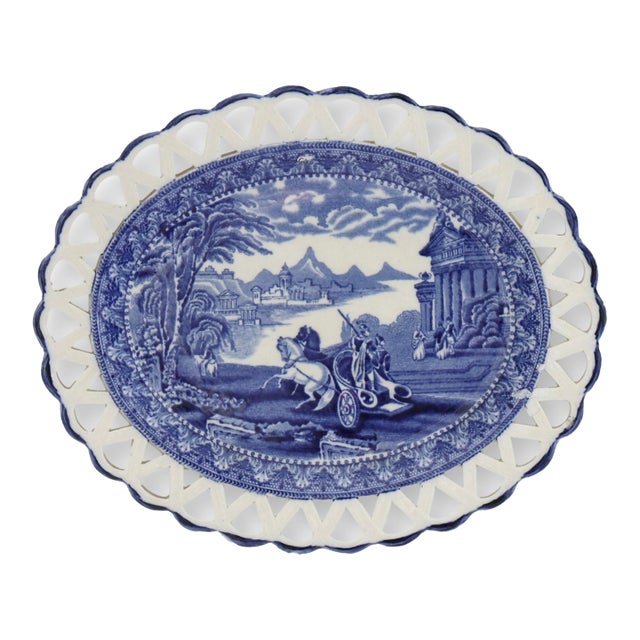Antique English Cauldon Blue Chariots Serving Dish For Sale