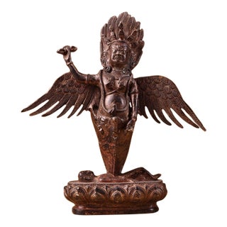 Late 19th Century Tibetan Gilt Bronze Garuda Statue Winged Deity Altar Sculpture 11.2" For Sale