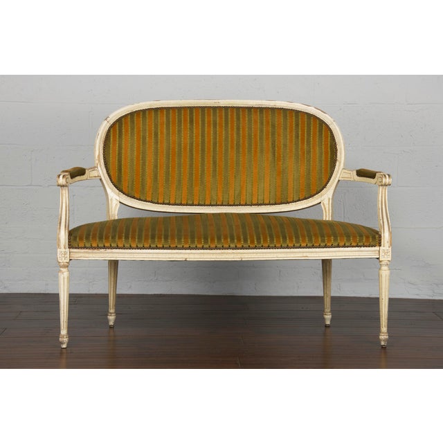French Provincial Antique French Louis XVI Style Provincial Painted Loveseat W/ Two Armchairs - Set of 3 For Sale - Image 3 of 13