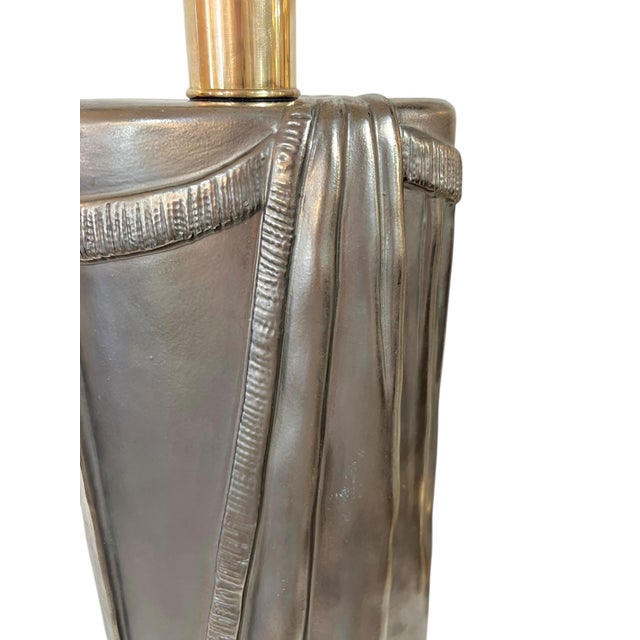 Metal 1980’s E. F. Chapman Dorothy Draper Trompe L’Oeil Style Silver Gray and Brass Lamp For Sale - Image 7 of 18