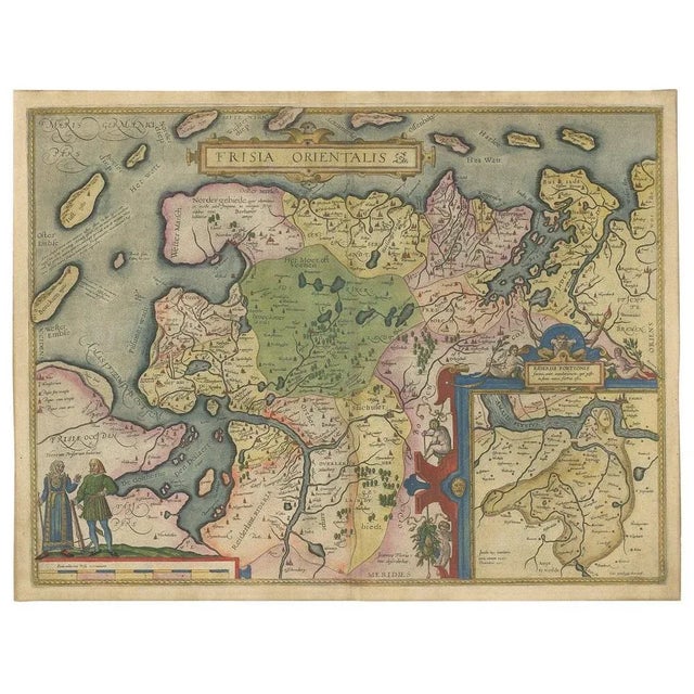 Antique map titled 'Frisia Orientalis'. Beautiful map of east Frisian islands and the northwestern tip of Germany,...