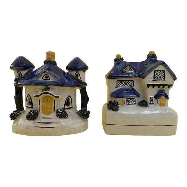 Vintage Staffordshire Cottage Duo: Pastille Burner and Bank For Sale