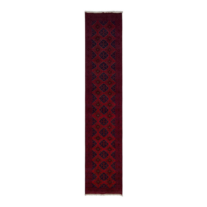 Red & Navy Blue Geometric Tribal Wool Runner Rug, 2'7