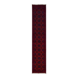 Red & Navy Blue Geometric Tribal Wool Runner Rug, 2'7" X 12'6" For Sale