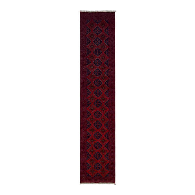 Red & Navy Blue Geometric Tribal Wool Runner Rug, 2'7" X 12'6" For Sale