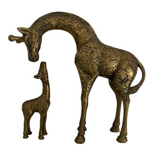 Mid Century Brass Mother and Child Giraffe Figurines - Set of 2 For Sale