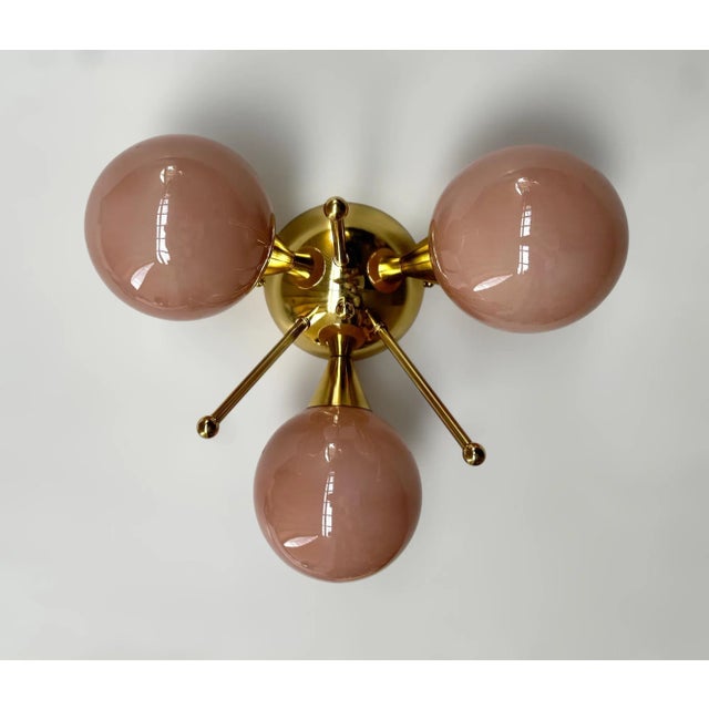 Italian Trifoglio Polished Brass Opaque Coral Globe Flush Mount by Fabio LTD For Sale - Image 3 of 9
