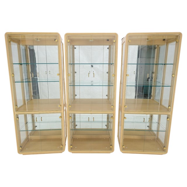 3 Blond Wood Glass Door Curio Cases Display Vitrine Cabinet Glass Shelves MINT! Lighted shelves, mirrored backs.