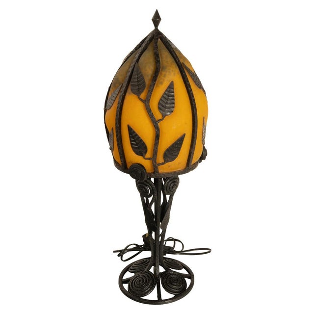 French Large Antique French Art Deco Daum Glass & Edgar Brandt Iron Table Lamp 1920s For Sale - Image 3 of 14