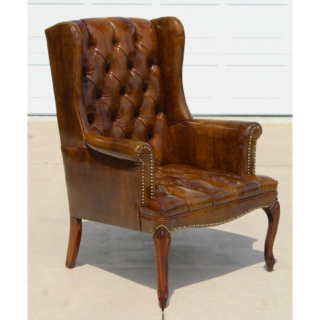 English Vintage Tufted Faux Leather Wingback Armchair – Chesterfield Library Chair For Sale - Image 3 of 18