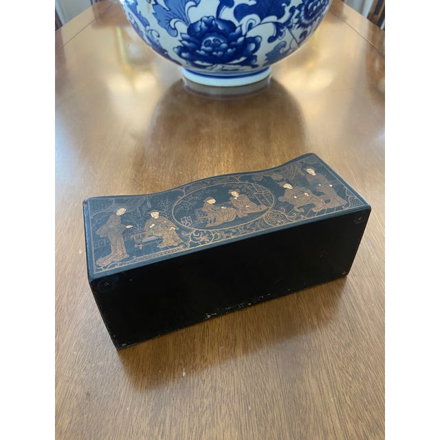Late 20th Century Late 20th Century Black Lacquered Chinoiserie Letter Caddy / Holder With Asian Scenic Life For Sale - Image 5 of 7