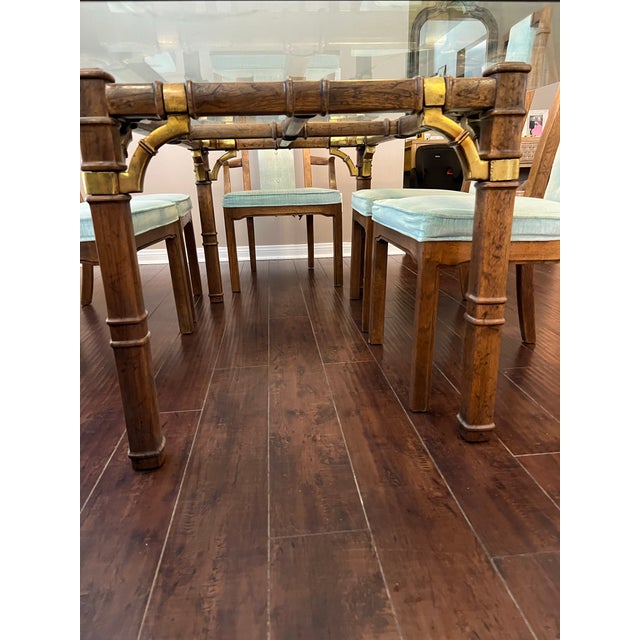1970s Hollywood Regency Faux Bamboo With Brass Details, Glass Dining Table With 6 Matching Chairs - Set of 7 For Sale - Image 4 of 12