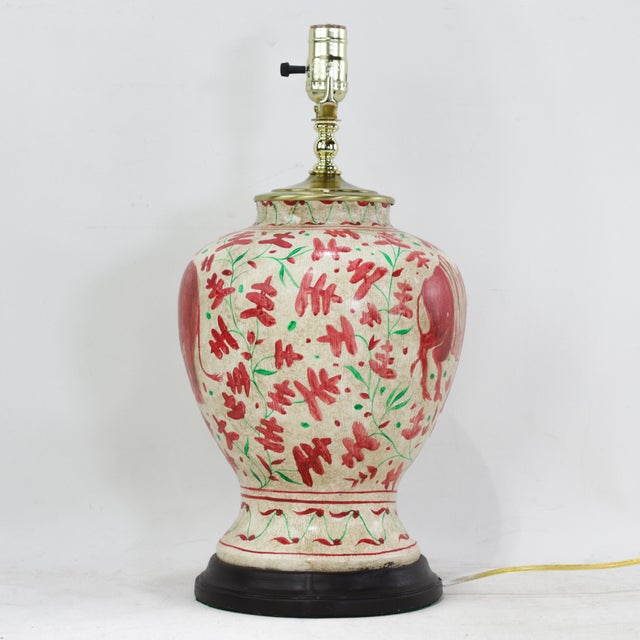 Pair of Vintage Brunschwig & Fils Cadiz Table Lamps - Red and Cream Ceramic With Elephant and Camel Motif For Sale - Image 11 of 13