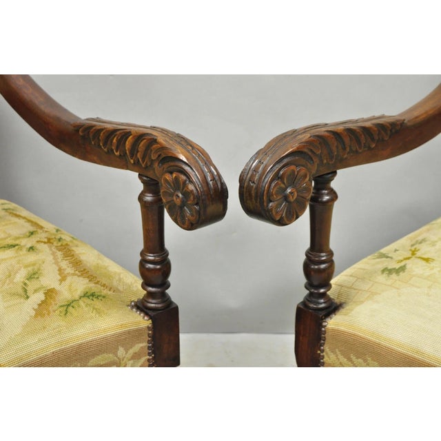 Antique French Louis XIV Style Needlepoint Tapestry Carved Walnut Arm Chair Pair For Sale - Image 16 of 18